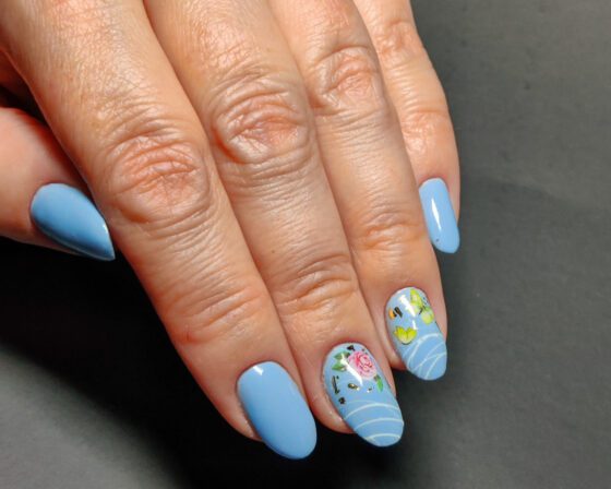 The same set from another angle, showing the rose and butterfly accents against the plain blue nails.