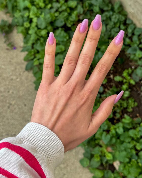 The other hand in translucent lilac, same coffin shape and length.
