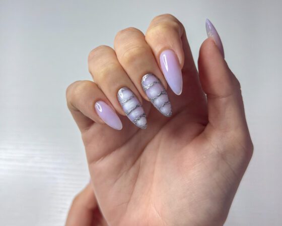 Lilac Almond Nails with Metal-Outlined Blooming Gel