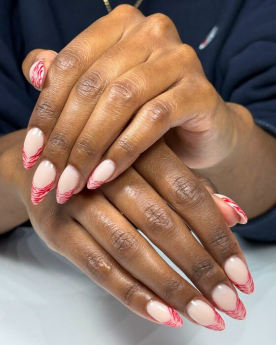Red Zebra French on Long Almond Nails