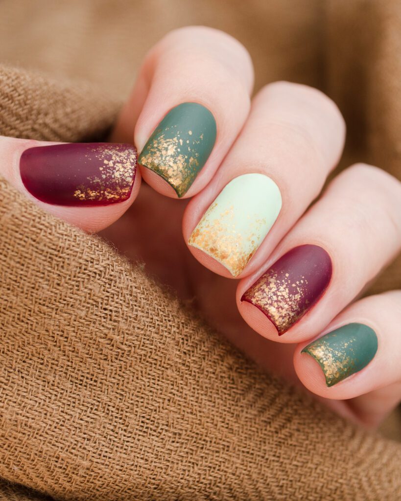 Square nails in burgundy, mint and cream finished with gold-leaf detail, against a beige knit