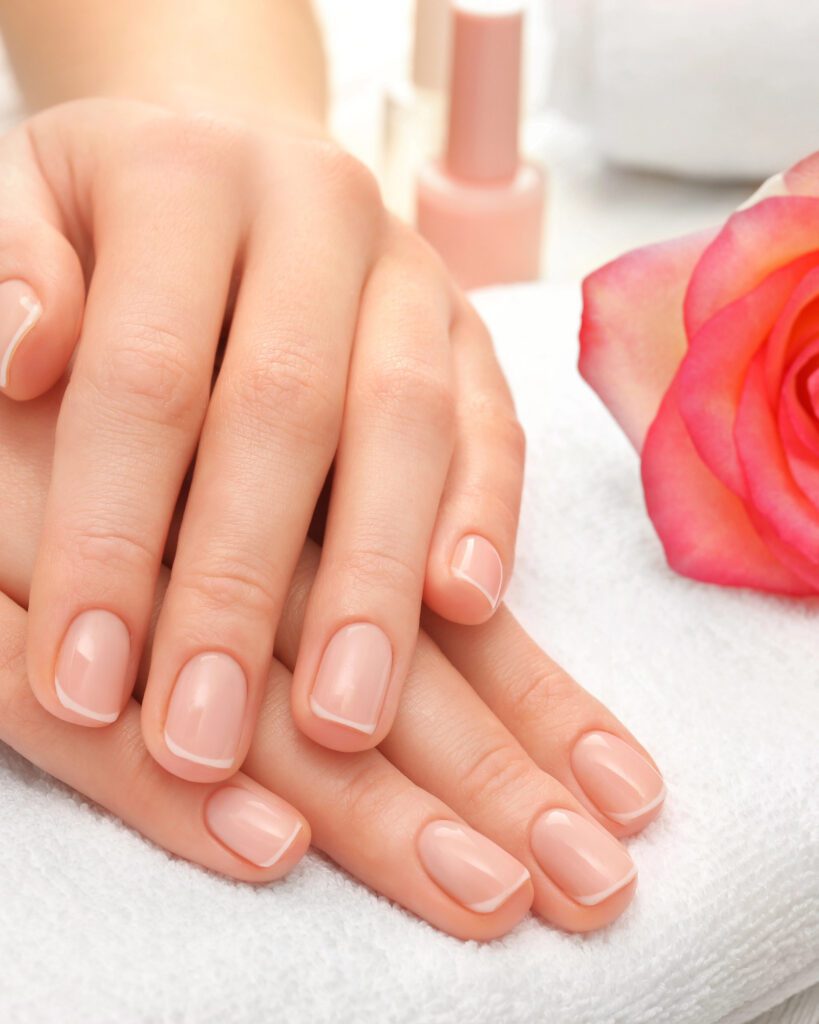 Two hands resting on a white towel with short natural nails, beside a pink rose and a polish bottle