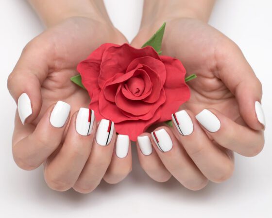 Two cupped hands holding a red rose on a white background, showing short white nails with thin red and black stripes on accent nails